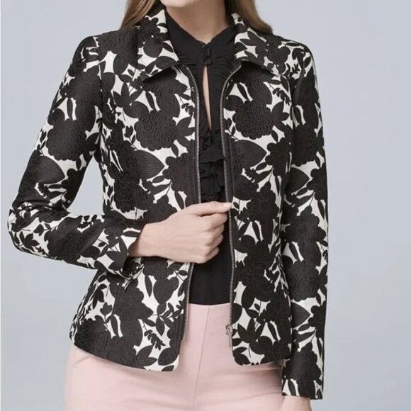 White House Black Market Jackets & Blazers - 2/30 White House Black Market Jacquard Floral Jacket Black with White 8 #9700